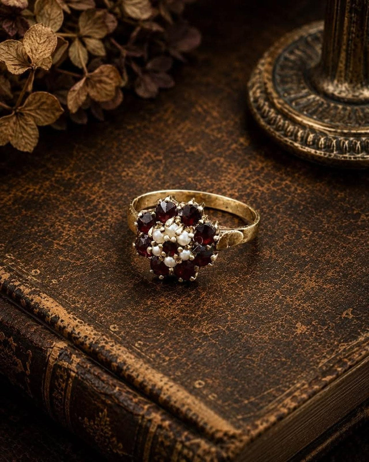 Antique 14k Yellow Gold Bohemian Garnet and Seed Pearl Cluster Ring