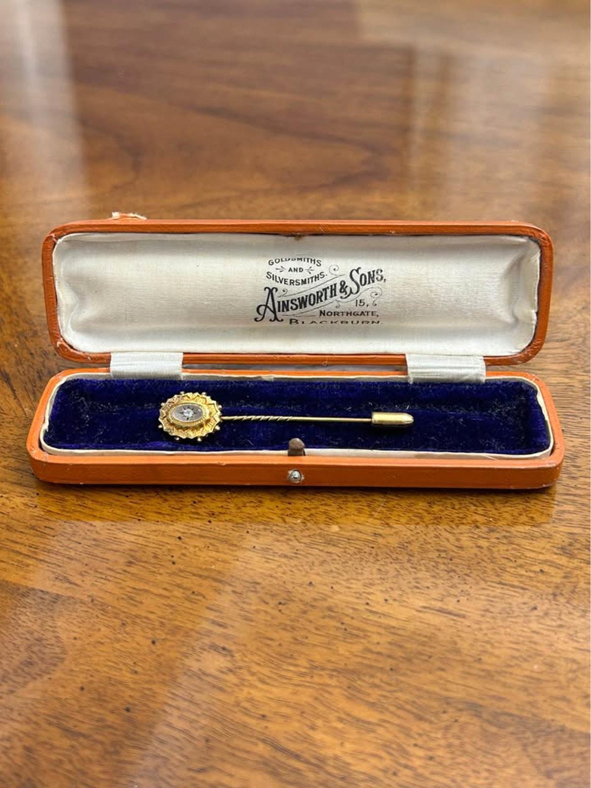 Antique Victorian 15ct Gold Diamond Stick Pin in Original Ainsworth & Sons Box