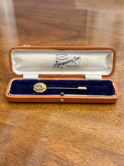 Antique Victorian 15ct Gold Diamond Stick Pin in Original Ainsworth & Sons Box