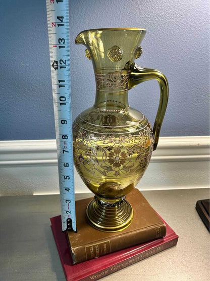 Antique Fritz Heckert Bohemian Art Glass Jeweled Ewer Pitcher
