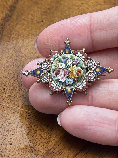 Antique Italian Grand Tour 800 Silver Fine Micro Mosaic Floral Brooch