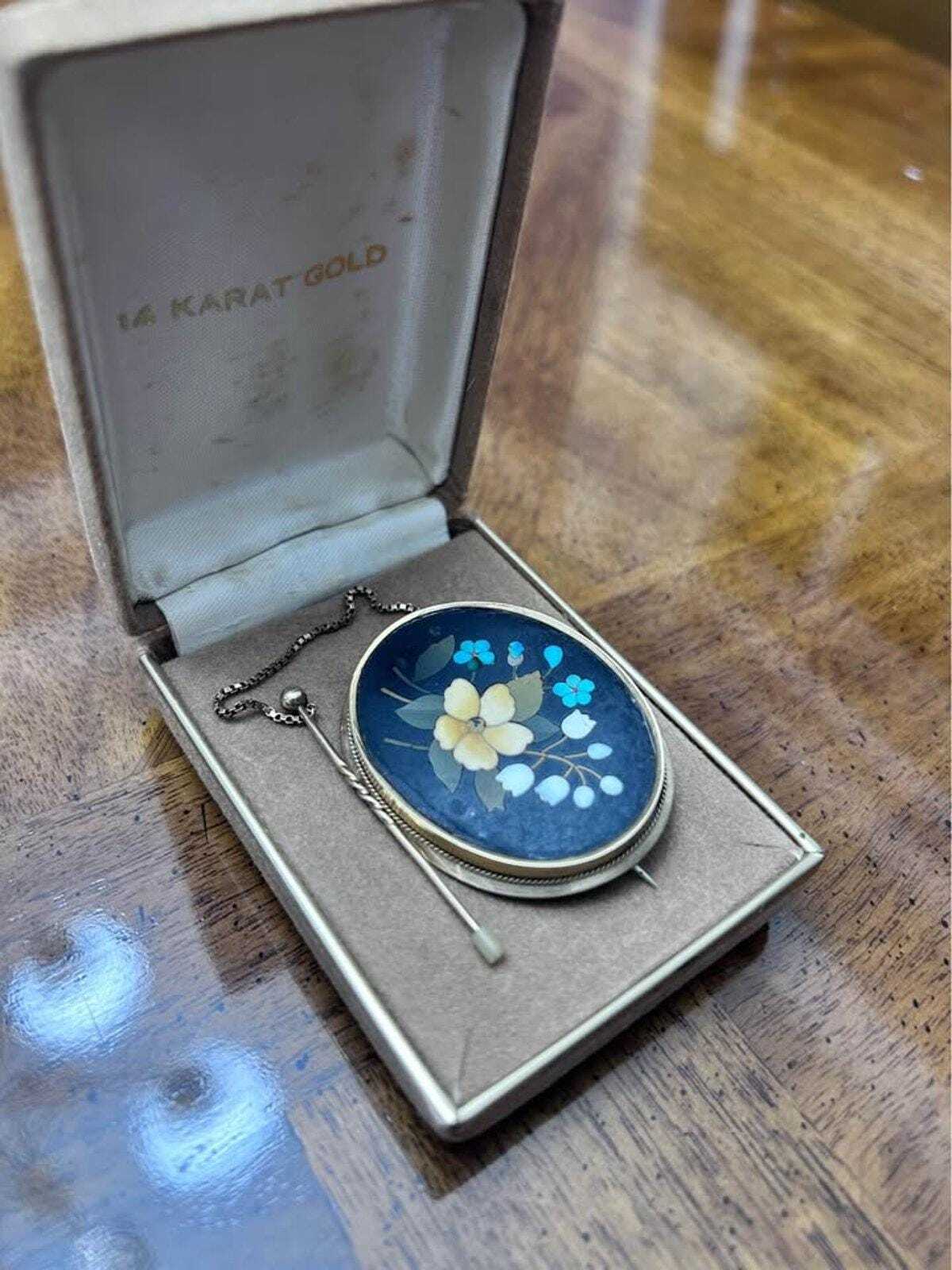 Antique 14k Gold Italian Pietra Dura Floral Mosaic Brooch with Safety Chain
