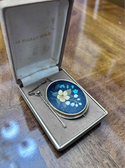 Antique 14k Gold Italian Pietra Dura Floral Mosaic Brooch with Safety Chain