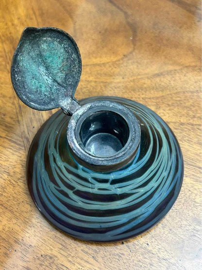 Antique Wilhelm Kralik Sohn Iridescent Art Glass Inkwell Art Nouveau Brass Lid
