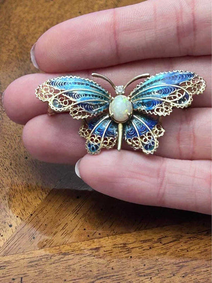 Vintage 14K Gold Plique-à-Jour Enamel Butterfly Brooch with Opal & Diamond