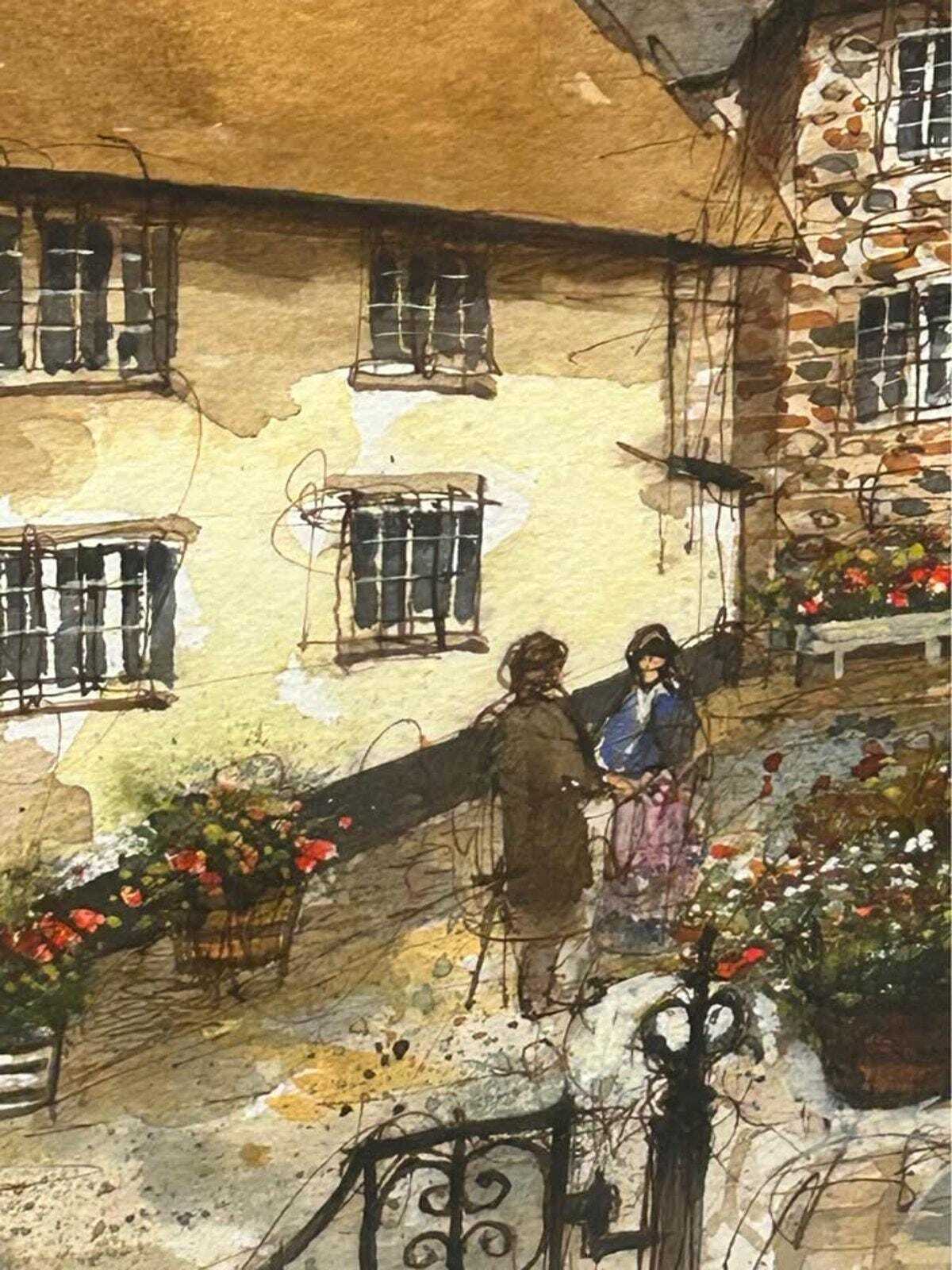 Antique 1895 Original Watercolor by Arthur Hopkins Church Steps Minehead Somerset