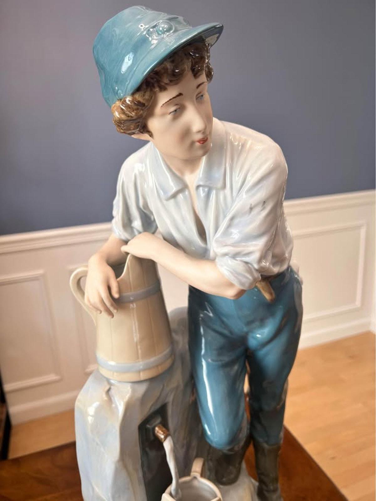 Large Vintage Royal Dux Bohemia Porcelain Boy at the Well Figurine Model 10563