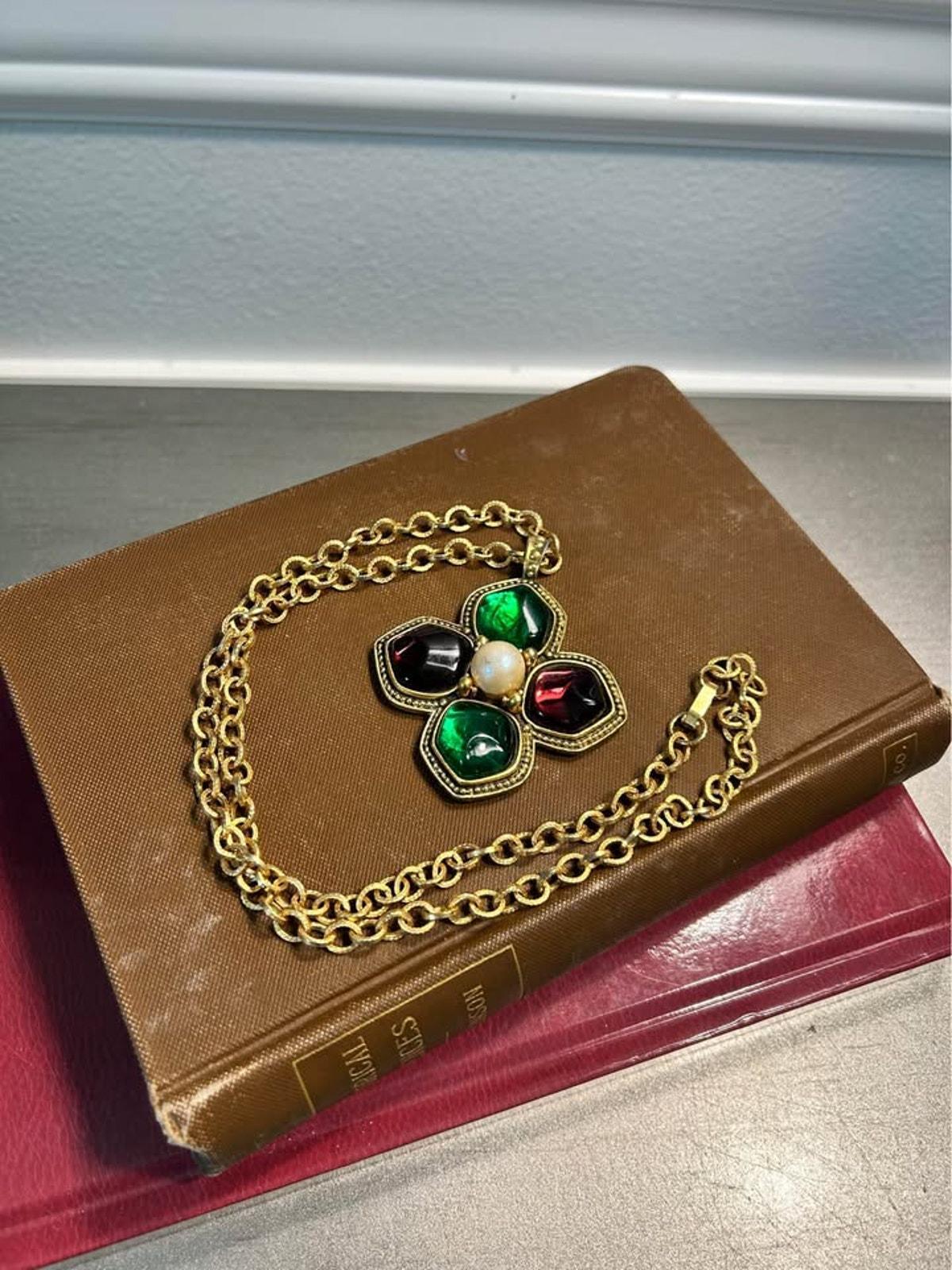 Yves Saint Laurent Vintage Poured Glass and Pearl Maltese Cross Pendant Necklace