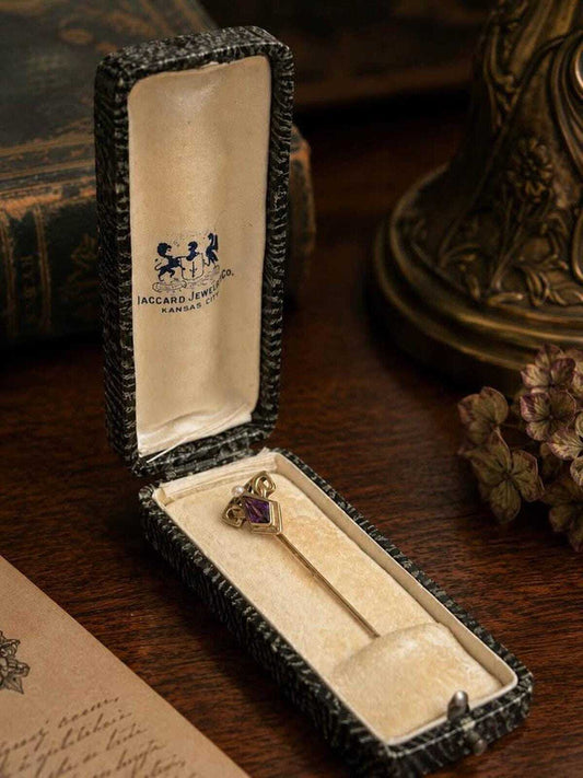 Antique Jaccard Jewelry Co 14k Gold Amethyst & Pearl Stick Pin in Box