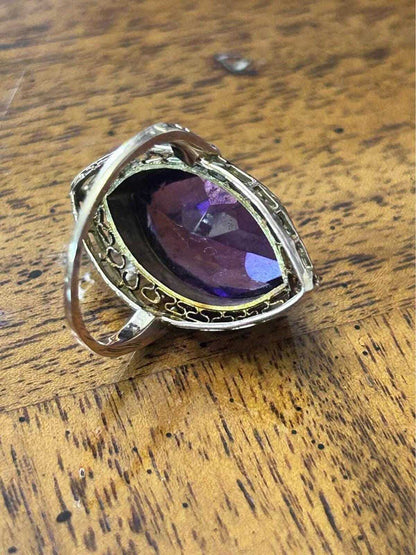 Antique Art Deco 10K Gold Navette Amethyst Filigree Statement Ring - size 4