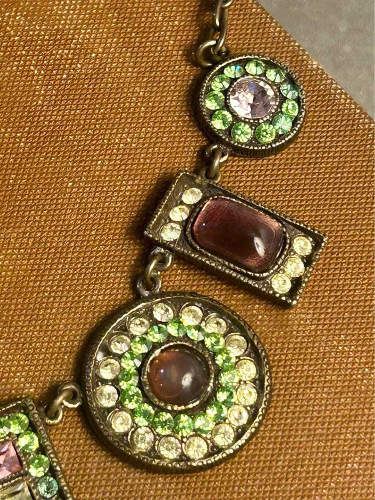 Vintage Poggi Paris Bronze Tone and Uranium Glass Statement Necklace