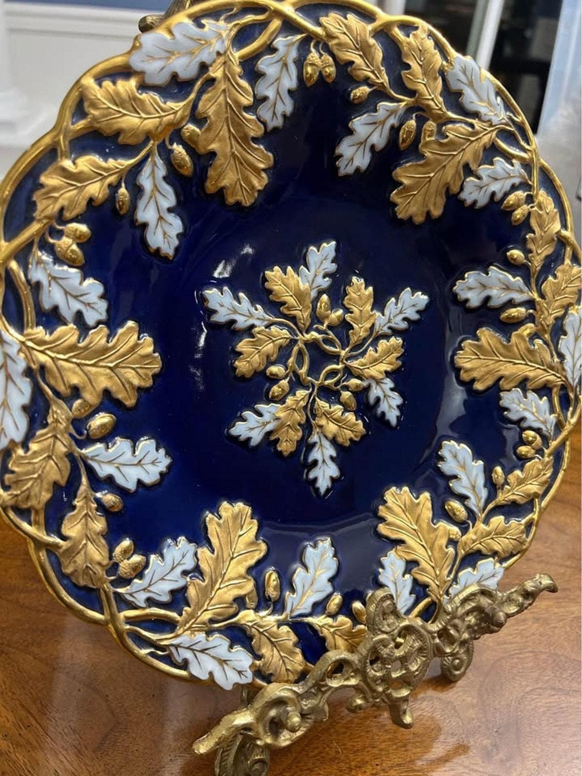 Antique Meissen Porcelain Cabinet Plate, Cobalt Blue with Heavy Gold Oak Leaf Relief (1924-1934)