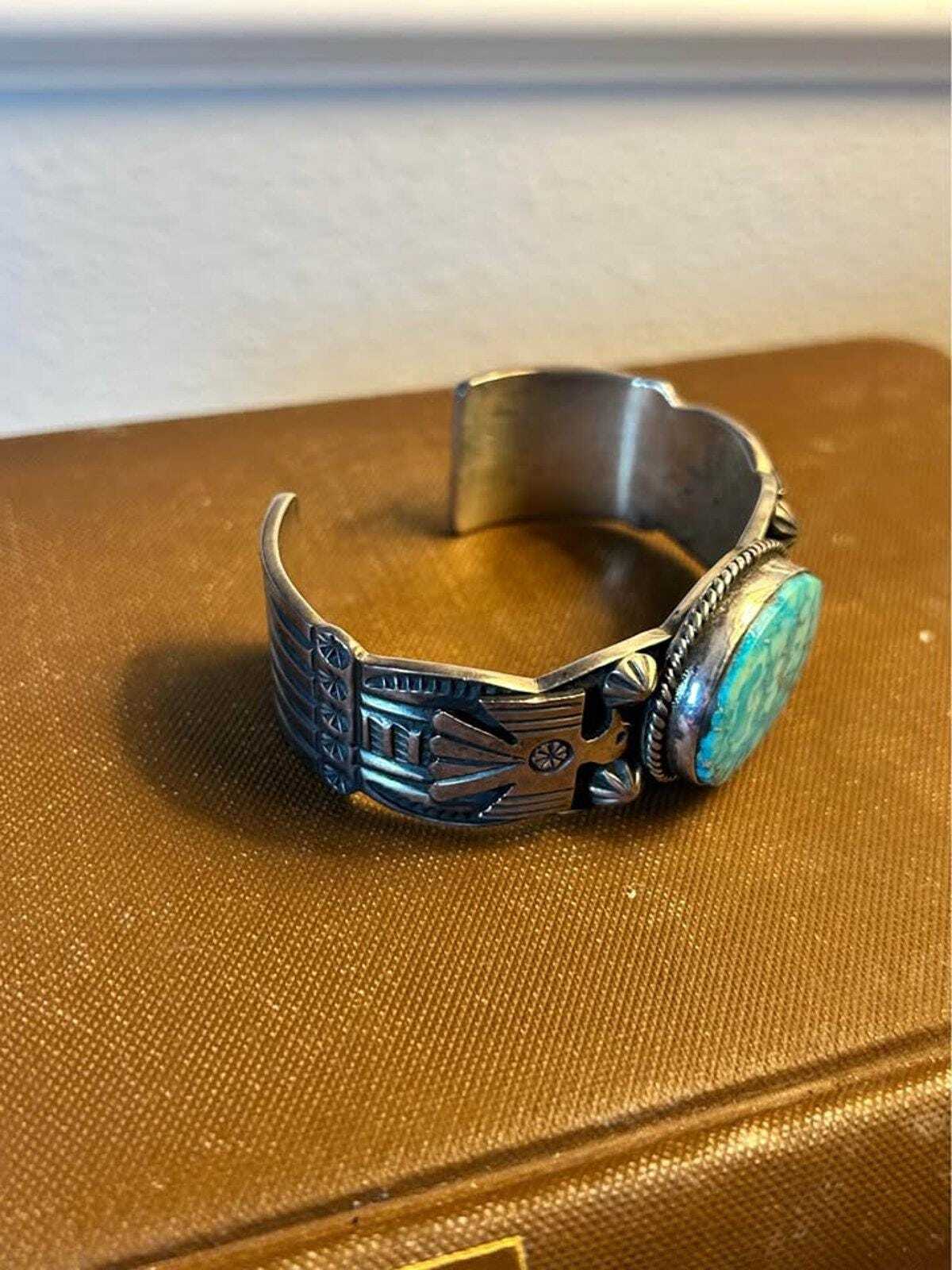 Vintage Andy Cadman Navajo Sterling Silver Turquoise Thunderbird Cuff