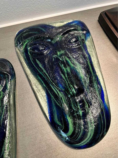 Kosta Boda Kjell Engman Art Glass Face Masks - Blue & Green - Pair
