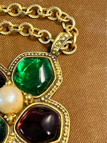 Yves Saint Laurent Vintage Poured Glass and Pearl Maltese Cross Pendant Necklace