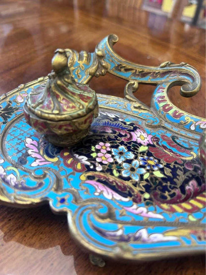Antique French Champlevé Enamel Brass Double Inkwell