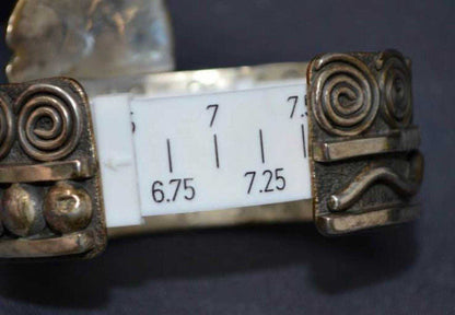 Vintage Alex Sanchez Navajo Sterling Silver 14K Gold Turquoise Petroglyph Cuff