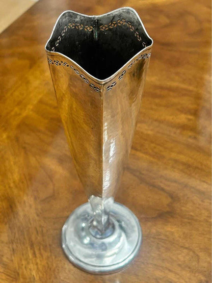 Antique Watson Company Hammered Sterling Silver Paneled Vase Pierced Rim 10"