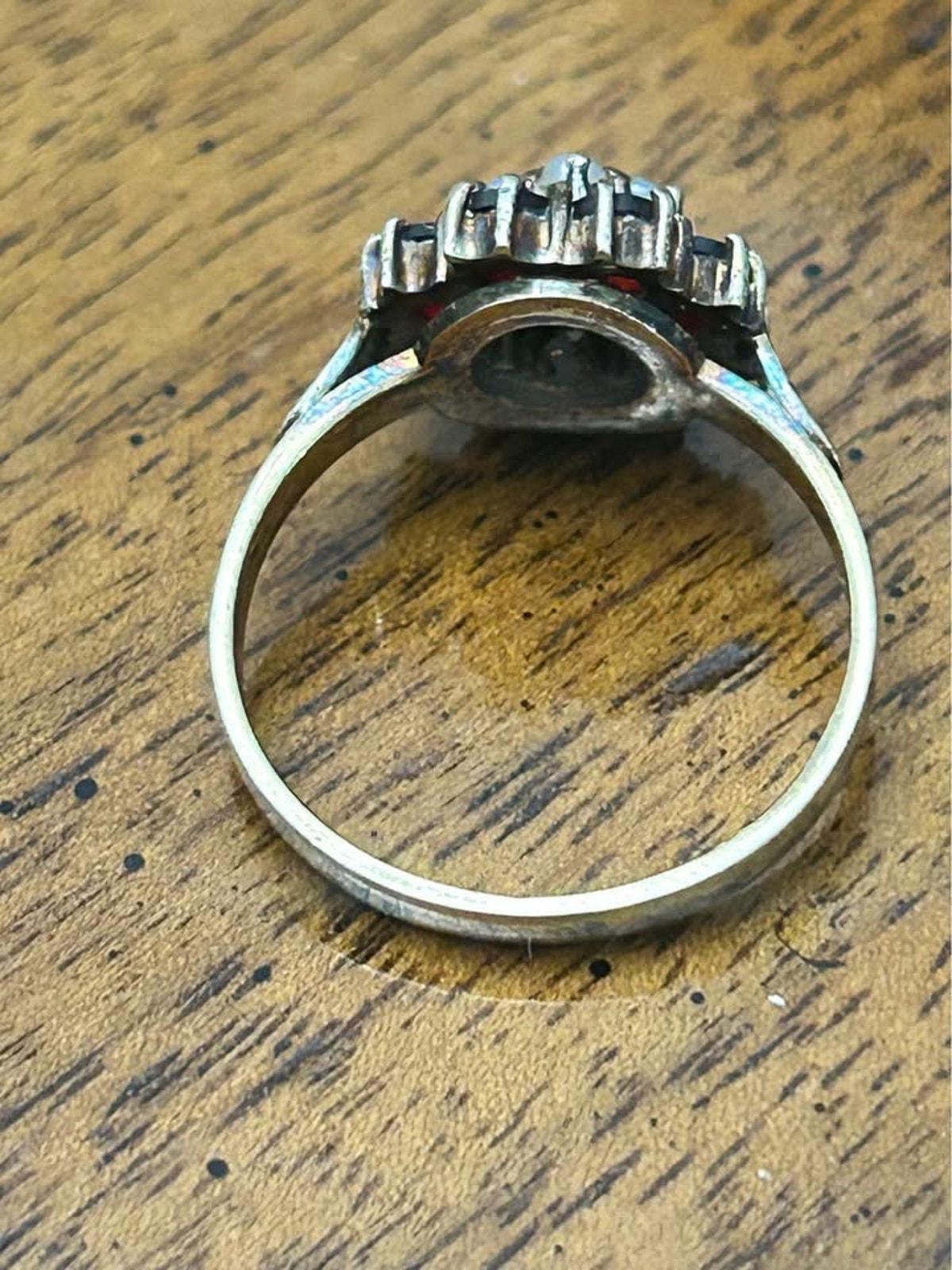 Antique 14k Yellow Gold Bohemian Garnet and Seed Pearl Cluster Ring