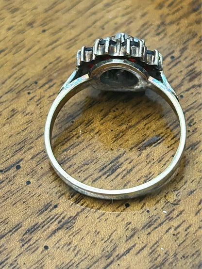 Antique 14k Yellow Gold Bohemian Garnet and Seed Pearl Cluster Ring