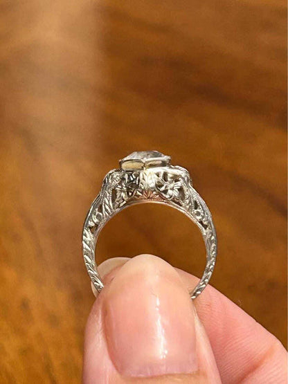 Antique Art Deco 14k White Gold Filigree Clear Spinel Ring Size 4.5