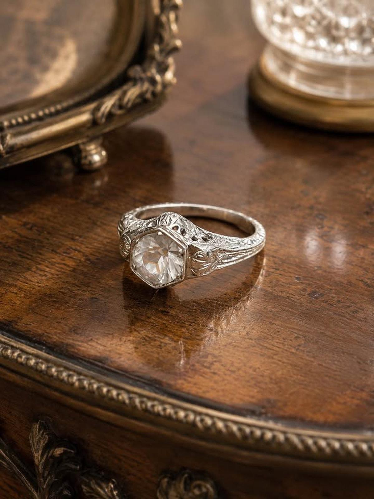 Antique Art Deco 14k White Gold Filigree Clear Spinel Ring Size 4.5