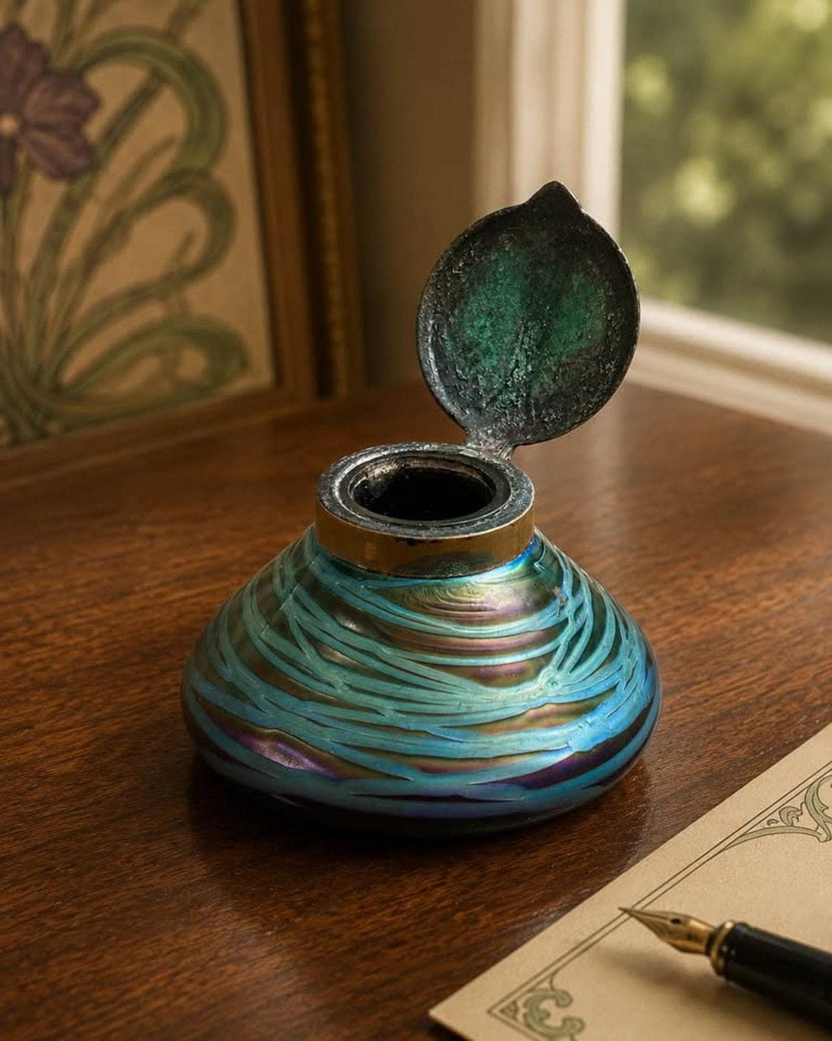 Antique Wilhelm Kralik Sohn Iridescent Art Glass Inkwell Art Nouveau Brass Lid