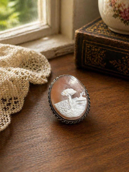 Victorian Hand-Carved Shell Cameo Brooch - Mediterranean Landscape Scene