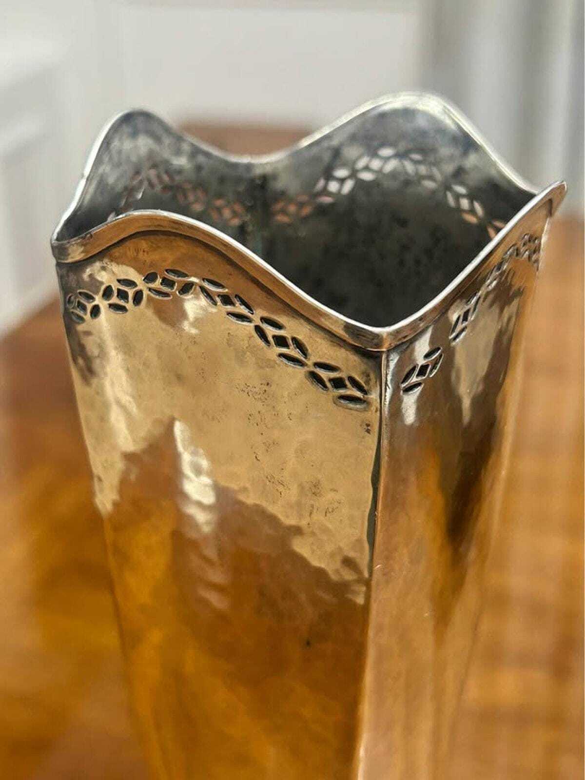 Antique Watson Company Hammered Sterling Silver Paneled Vase Pierced Rim 10"