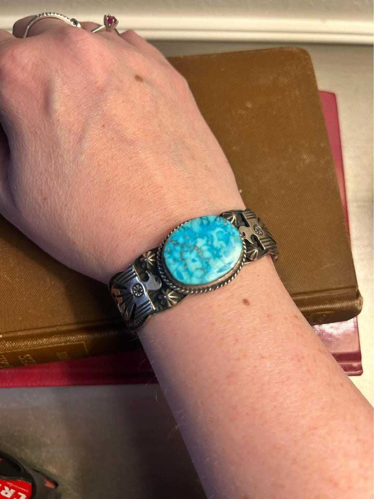 Vintage Andy Cadman Navajo Sterling Silver Turquoise Thunderbird Cuff