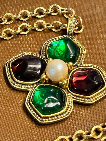 Yves Saint Laurent Vintage Poured Glass and Pearl Maltese Cross Pendant Necklace