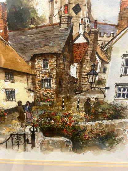 Antique 1895 Original Watercolor by Arthur Hopkins Church Steps Minehead Somerset