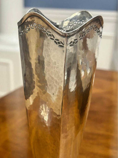 Antique Watson Company Hammered Sterling Silver Paneled Vase Pierced Rim 10"