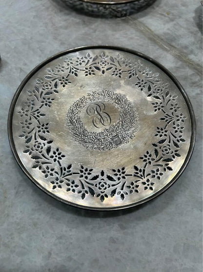 Antique Shreve & Co. Sterling Silver Pierced Plate, 10-Inch Floral Tray with Monogram