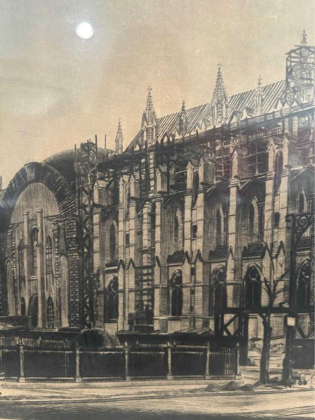 Walter Tittle Drypoint Etching: Cathedral of St. John the Divine NYC c. 1924 Signed Print