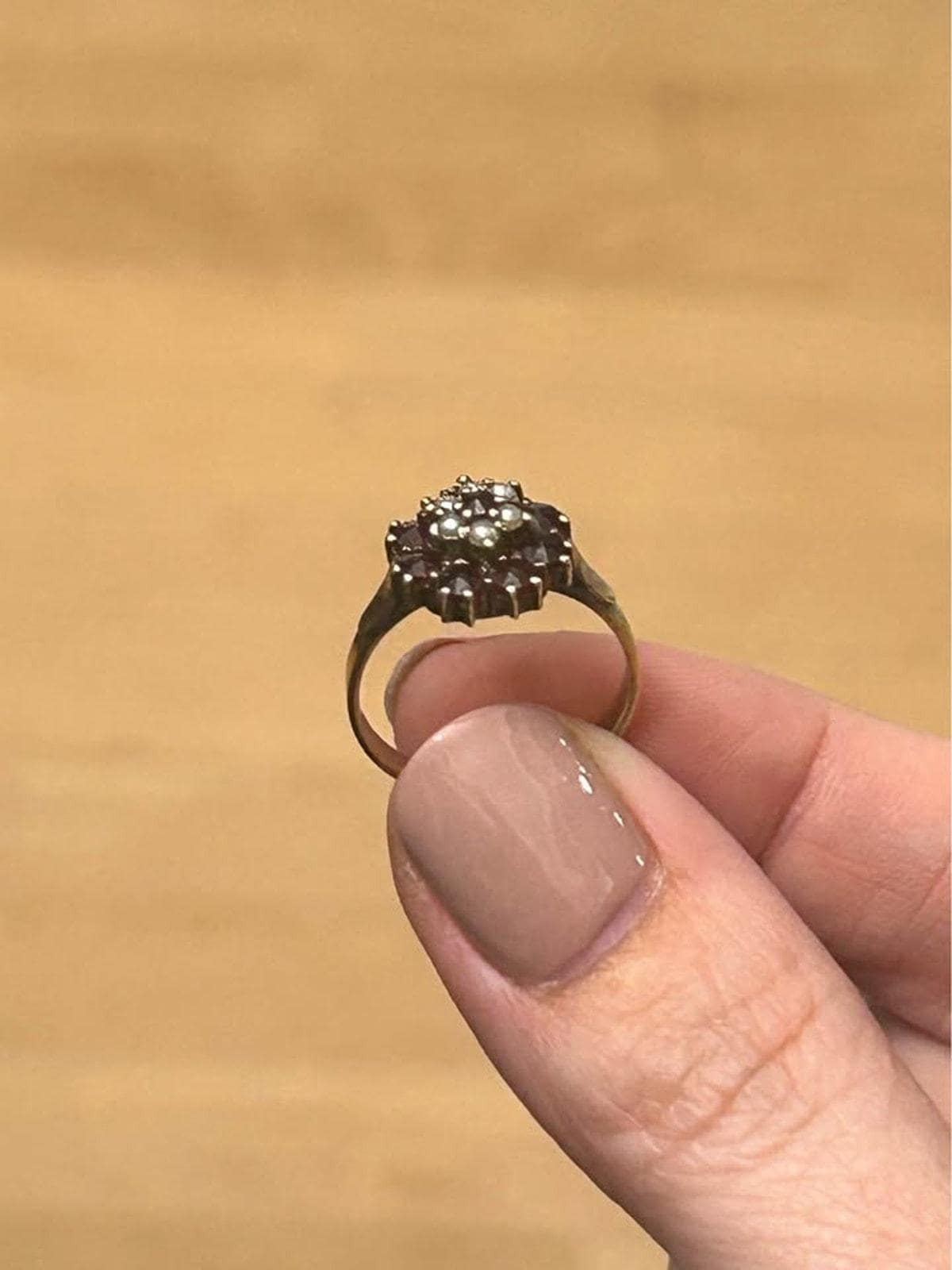 Antique 14k Yellow Gold Bohemian Garnet and Seed Pearl Cluster Ring