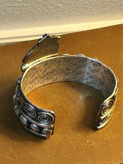 Vintage Alex Sanchez Navajo Sterling Silver 14K Gold Turquoise Petroglyph Cuff