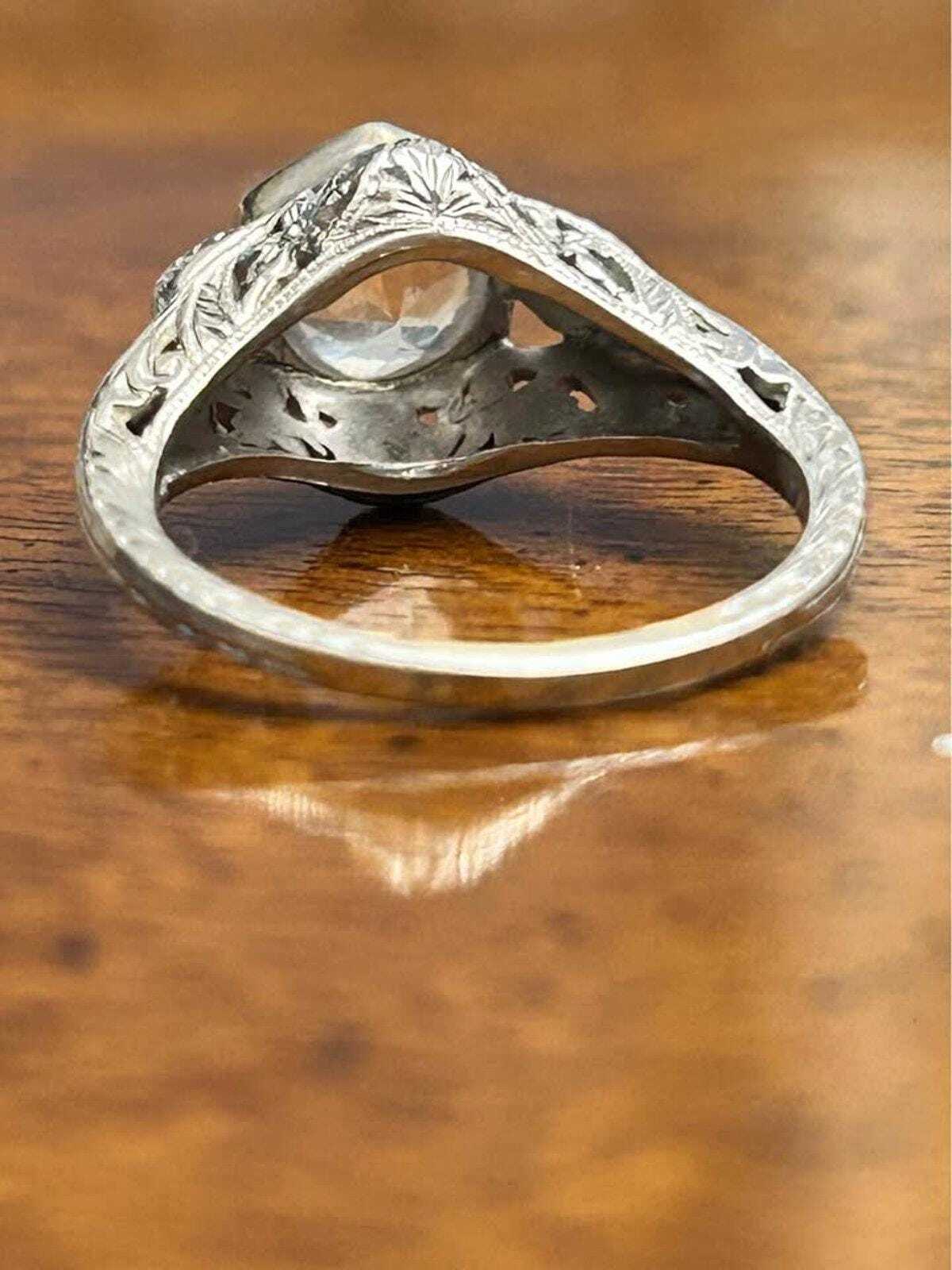 Antique Art Deco 14k White Gold Filigree Clear Spinel Ring Size 4.5