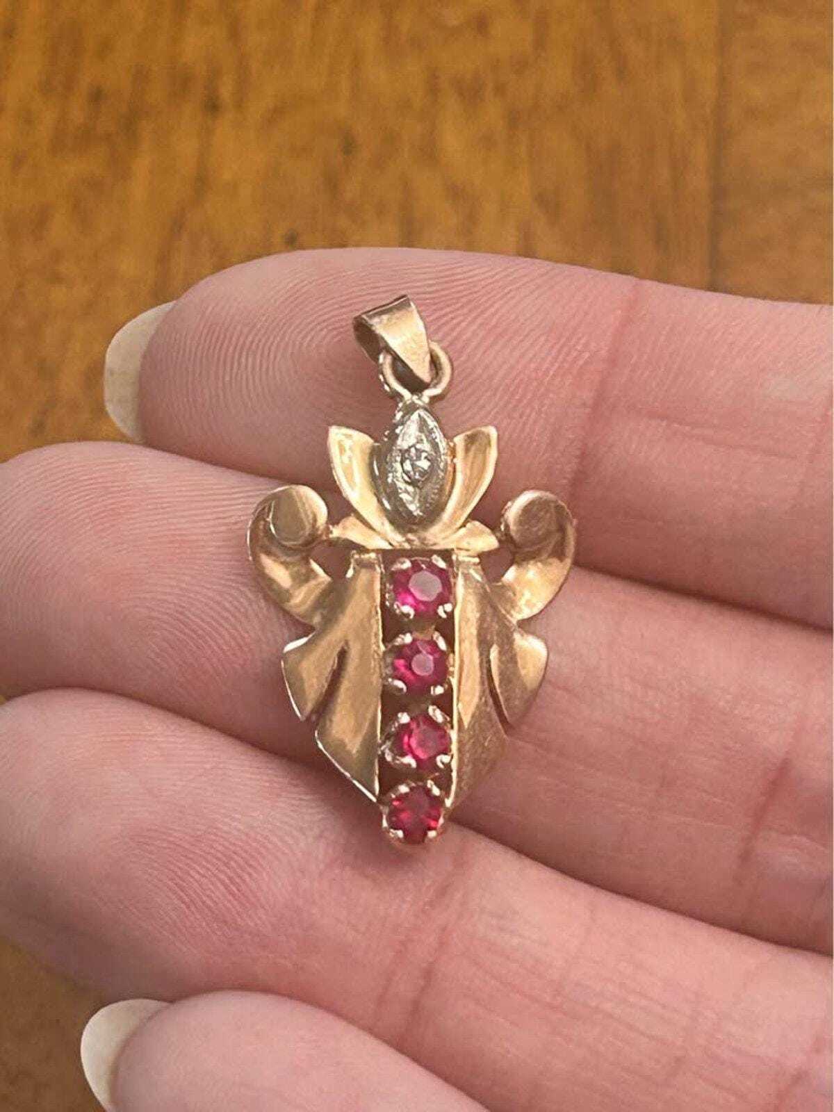 Vintage 14k Yellow Gold Pink Topaz and Diamond Leaf Motif Pendant