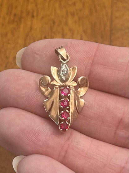 Vintage 14k Yellow Gold Pink Topaz and Diamond Leaf Motif Pendant