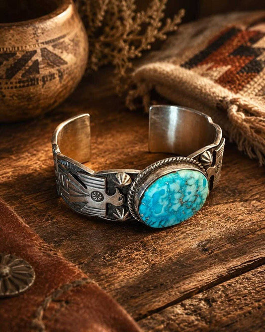 Vintage Andy Cadman Navajo Sterling Silver Turquoise Thunderbird Cuff