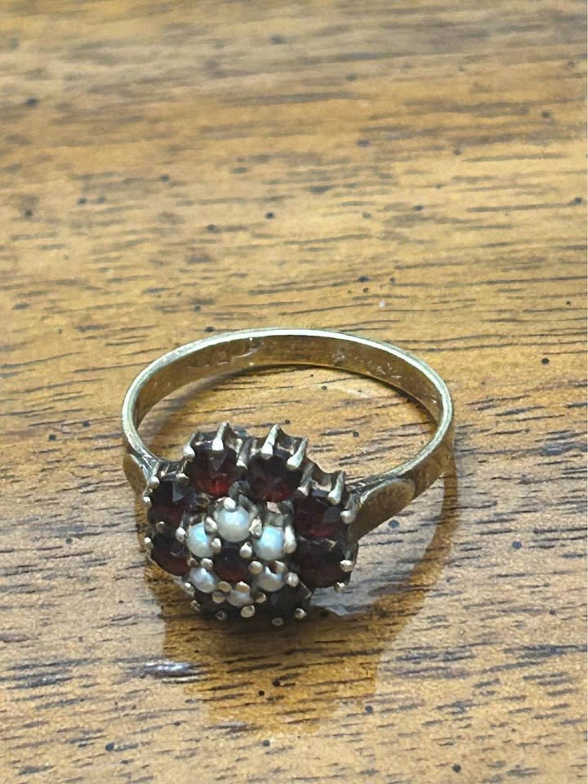 Antique 14k Yellow Gold Bohemian Garnet and Seed Pearl Cluster Ring
