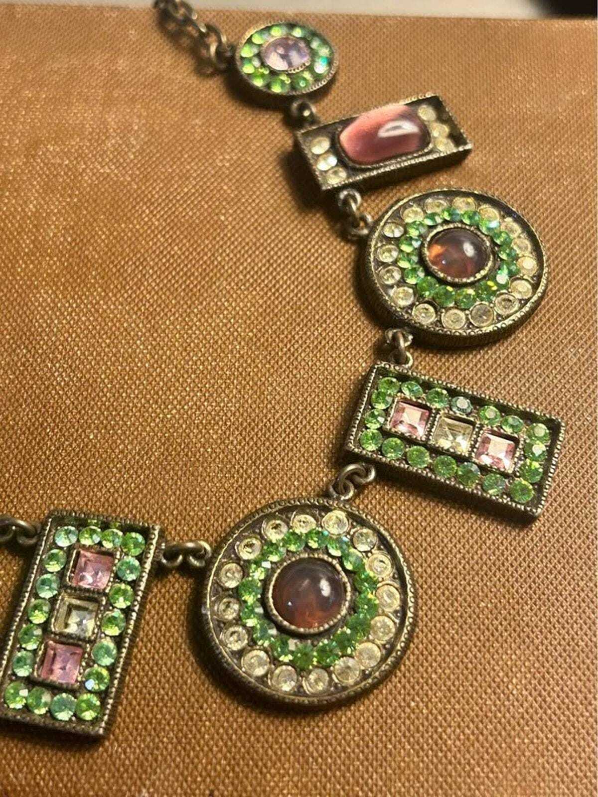 Vintage Poggi Paris Bronze Tone and Uranium Glass Statement Necklace