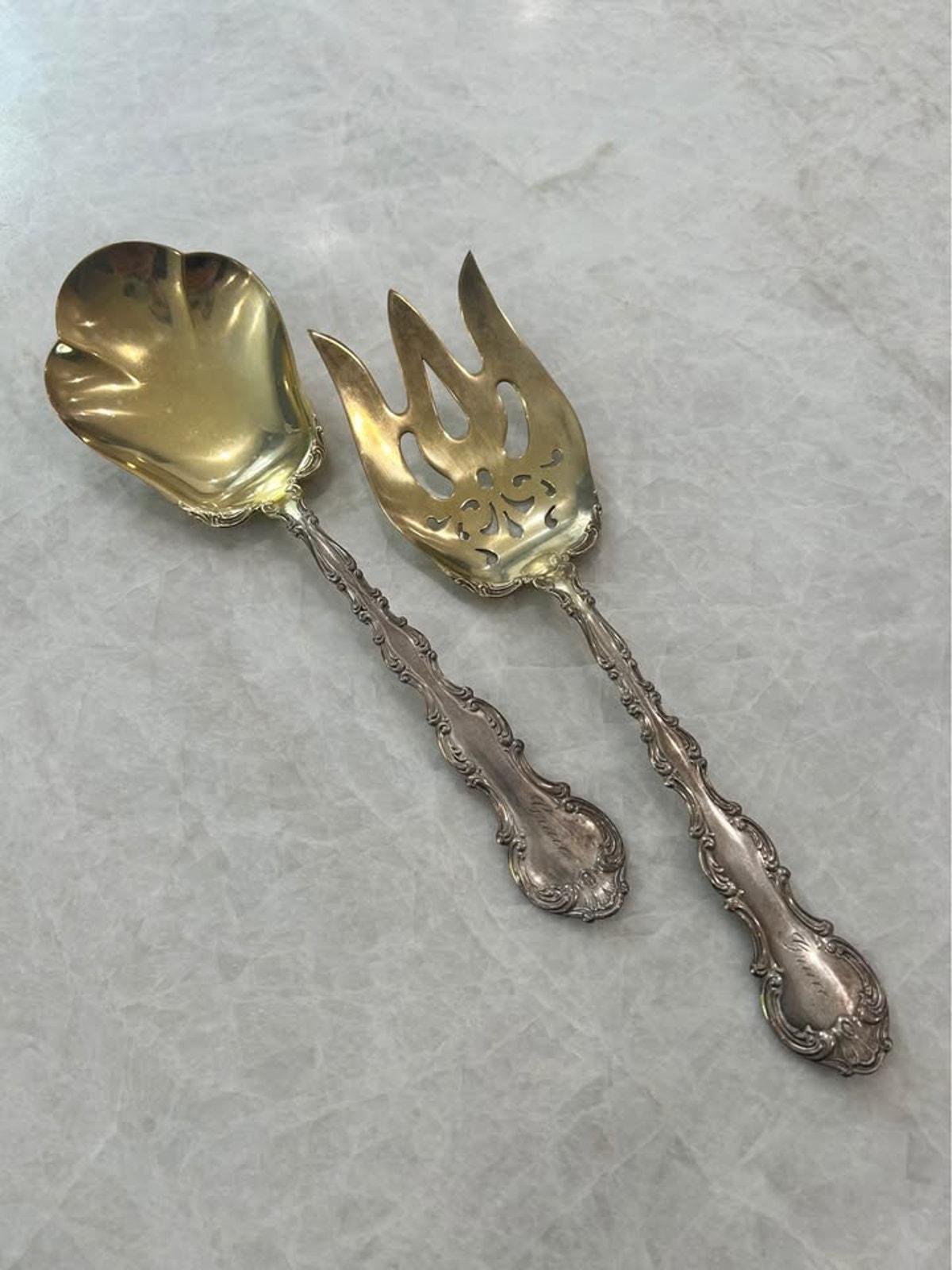 Antique Gorham Strasbourg Sterling Silver Vermeil Salad Serving Set