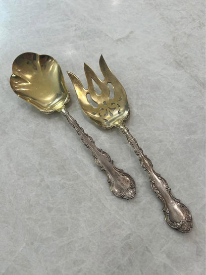 Antique Gorham Strasbourg Sterling Silver Vermeil Salad Serving Set