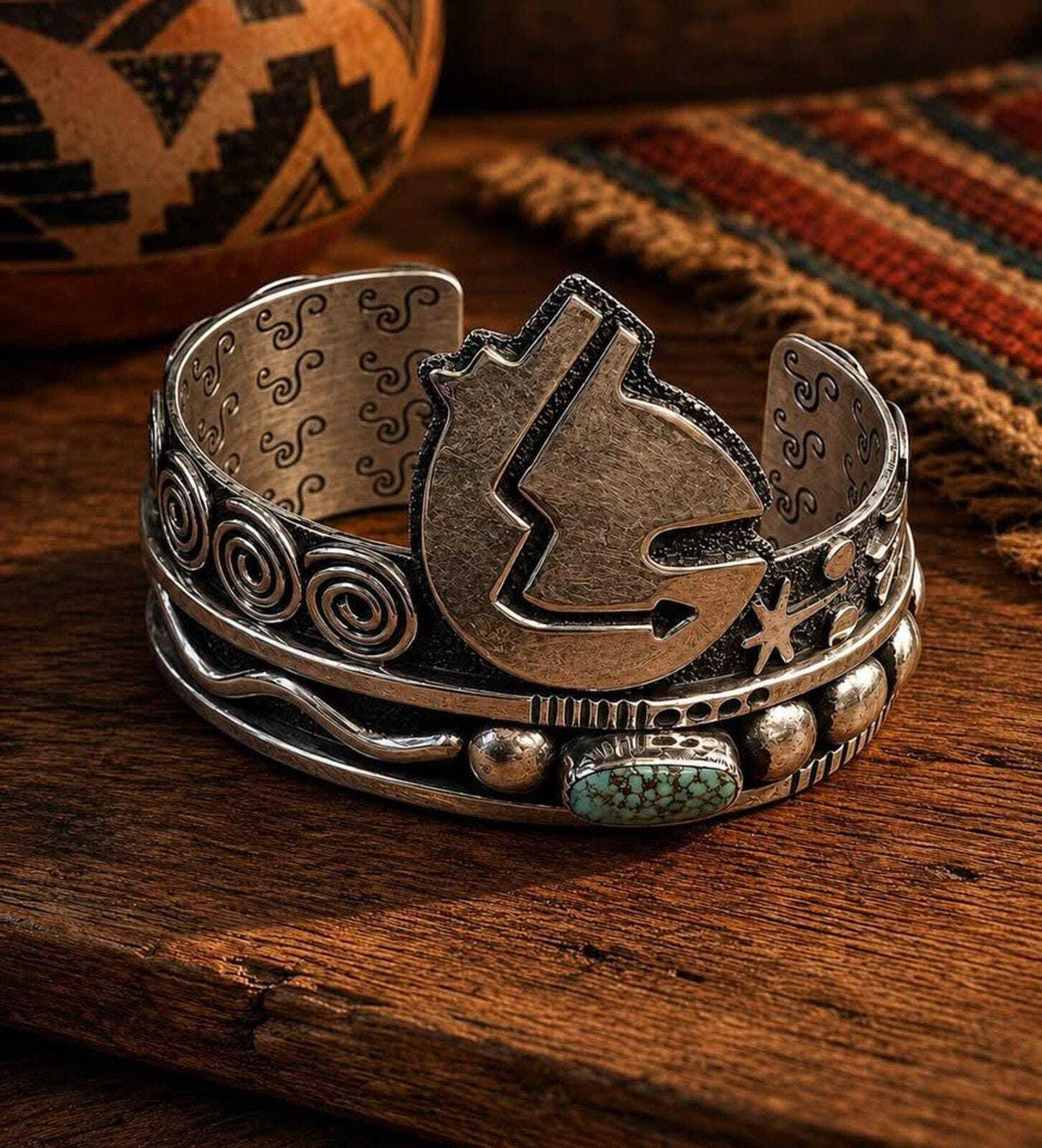 Vintage Alex Sanchez Navajo Sterling Silver 14K Gold Turquoise Petroglyph Cuff