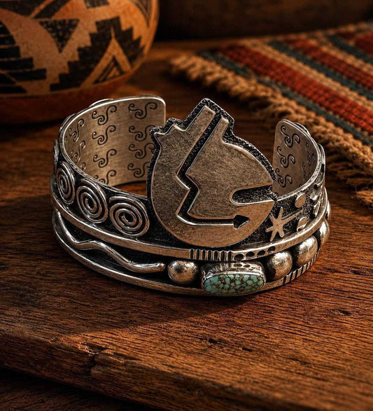 Vintage Alex Sanchez Navajo Sterling Silver 14K Gold Turquoise Petroglyph Cuff