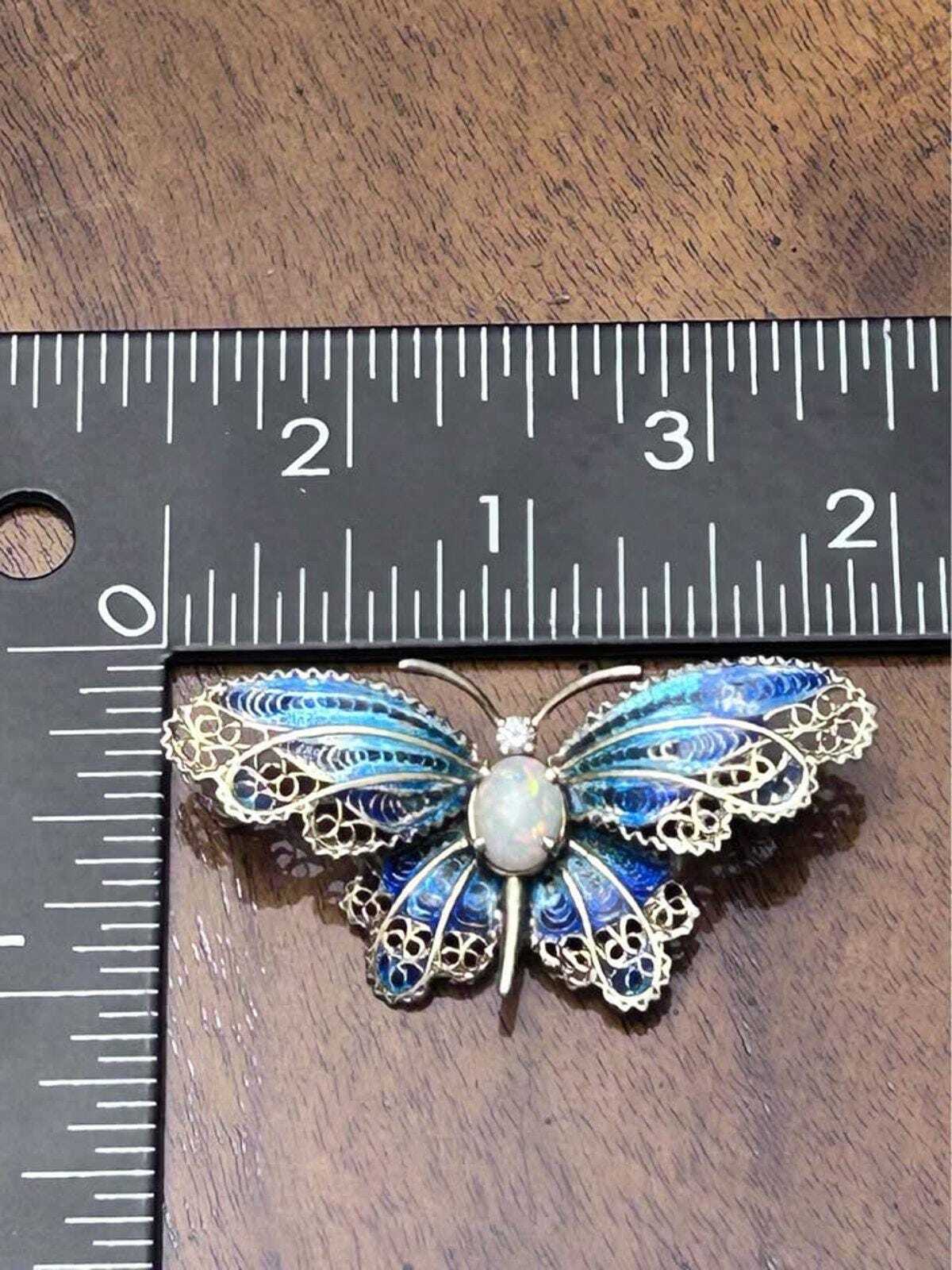Vintage 14K Gold Plique-à-Jour Enamel Butterfly Brooch with Opal & Diamond