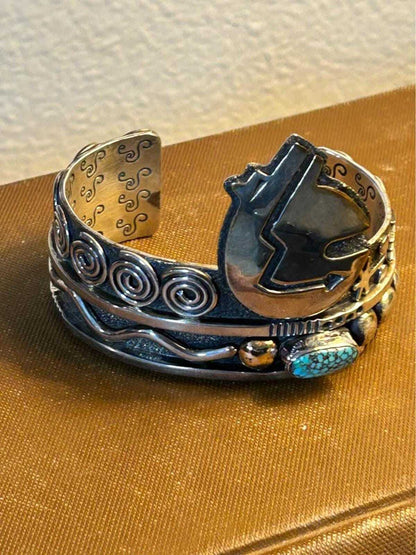 Vintage Alex Sanchez Navajo Sterling Silver 14K Gold Turquoise Petroglyph Cuff
