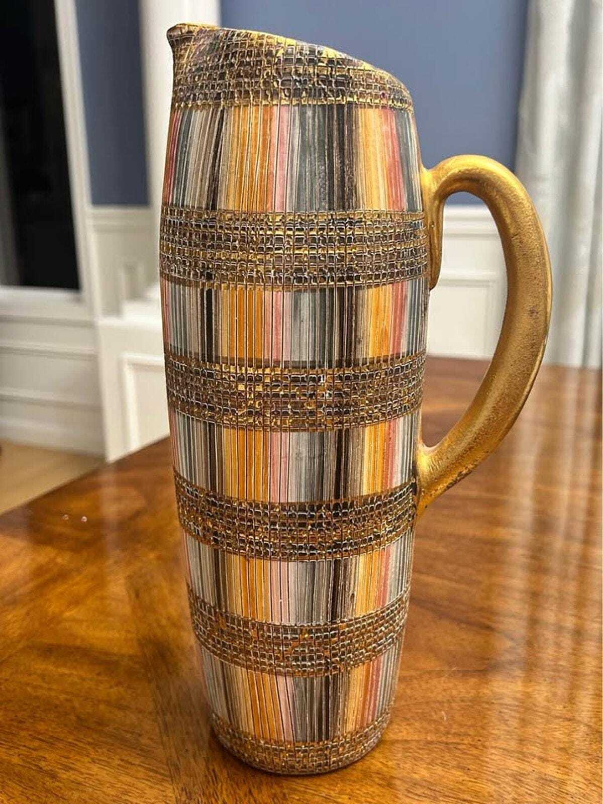 Vintage Aldo Londi for Bitossi Seta Pitcher Mid Century Modern Italian Gilt Ceramic Jug